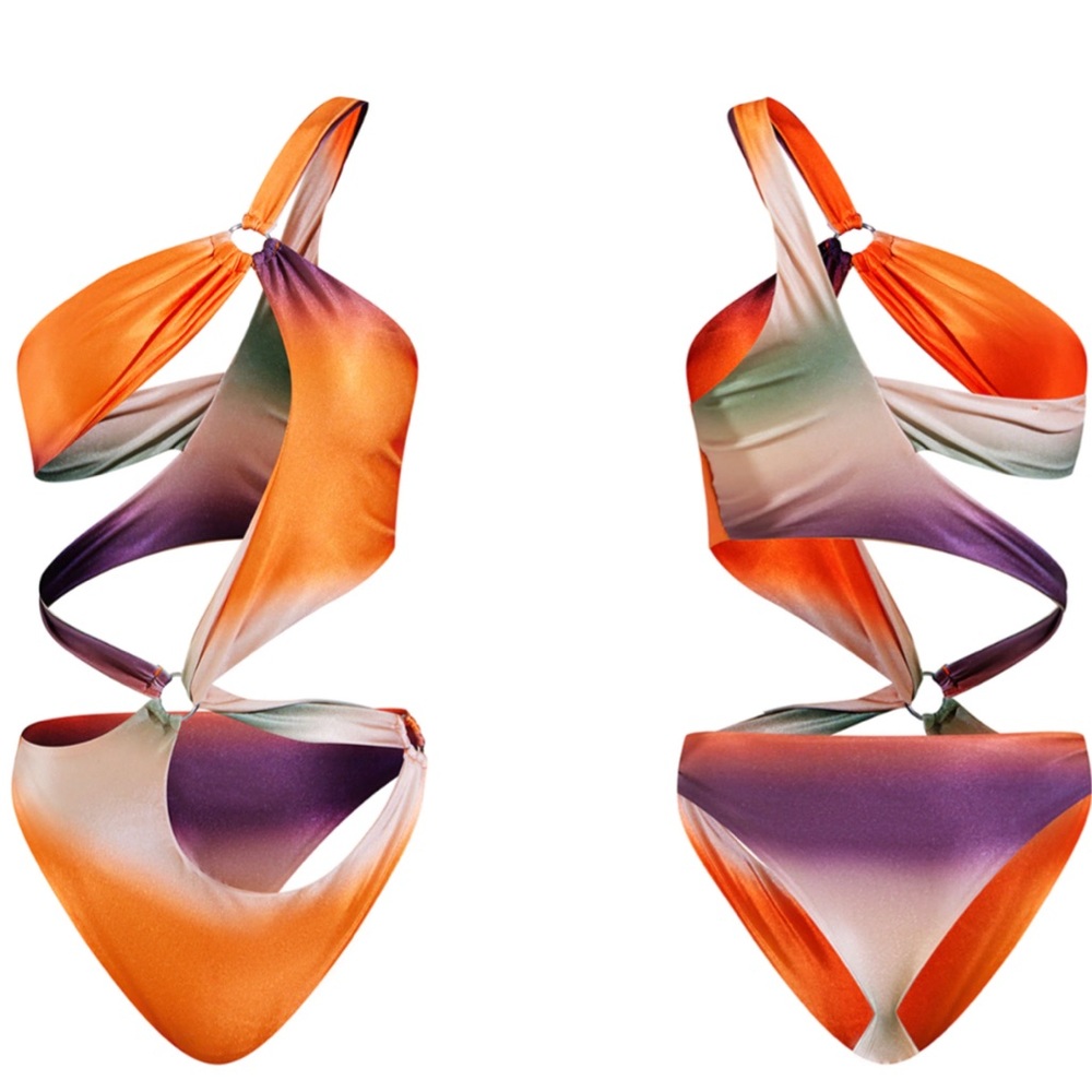 Abstract swirl cut O ring one piece swimsuit